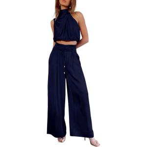 imagePRETTYGARDEN Womens 2 Piece Outfits 2024 Summer Casual Sleeveless Mock Neck Crop Tops Wide Leg Pants SetNavy
