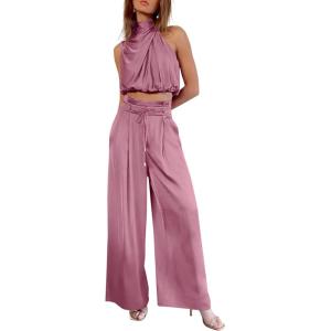 imagePRETTYGARDEN Womens 2 Piece Outfits 2024 Summer Casual Sleeveless Mock Neck Crop Tops Wide Leg Pants SetPink