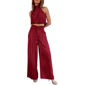 imagePRETTYGARDEN Womens 2 Piece Outfits 2024 Summer Casual Sleeveless Mock Neck Crop Tops Wide Leg Pants SetRed