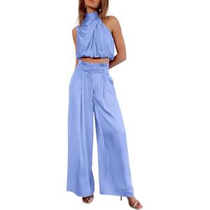 imagePRETTYGARDEN Womens 2 Piece Outfits 2024 Summer Casual Sleeveless Mock Neck Crop Tops Wide Leg Pants SetSky Blue