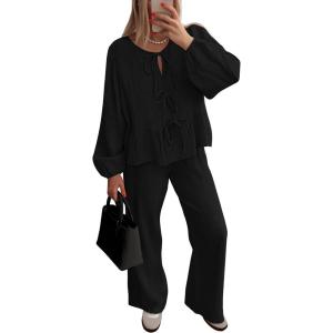 imagePRETTYGARDEN Womens 2024 Fall Two Piece Outfits Tie Front Long Sleeve Top Wide Leg Pant Lounge Sets Cute Matching LoungewearBlack