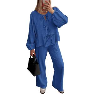 imagePRETTYGARDEN Womens 2024 Fall Two Piece Outfits Tie Front Long Sleeve Top Wide Leg Pant Lounge Sets Cute Matching LoungewearBlue