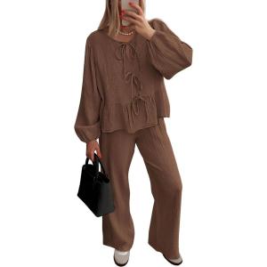 imagePRETTYGARDEN Womens 2024 Fall Two Piece Outfits Tie Front Long Sleeve Top Wide Leg Pant Lounge Sets Cute Matching LoungewearCoffee