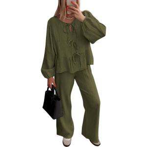 imagePRETTYGARDEN Womens 2024 Fall Two Piece Outfits Tie Front Long Sleeve Top Wide Leg Pant Lounge Sets Cute Matching LoungewearDark Green