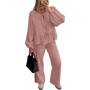 imagePRETTYGARDEN Womens 2024 Fall Two Piece Outfits Tie Front Long Sleeve Top Wide Leg Pant Lounge Sets Cute Matching LoungewearDusty Pink