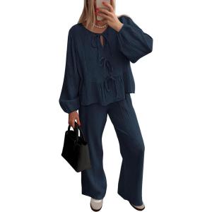 imagePRETTYGARDEN Womens 2024 Fall Two Piece Outfits Tie Front Long Sleeve Top Wide Leg Pant Lounge Sets Cute Matching LoungewearNavy