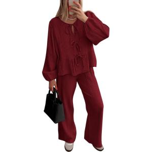 imagePRETTYGARDEN Womens 2024 Fall Two Piece Outfits Tie Front Long Sleeve Top Wide Leg Pant Lounge Sets Cute Matching LoungewearWine Red