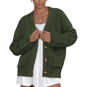 imagePRETTYGARDEN Womens Cardigan Sweaters Long Sleeve Open Front Button Up V Neck Ribbed Knit Fall Sweater JacketsArmy Green