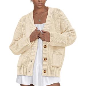 imagePRETTYGARDEN Womens Cardigan Sweaters Long Sleeve Open Front Button Up V Neck Ribbed Knit Fall Sweater JacketsBeige