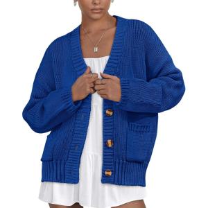 imagePRETTYGARDEN Womens Cardigan Sweaters Long Sleeve Open Front Button Up V Neck Ribbed Knit Fall Sweater JacketsBright Blue