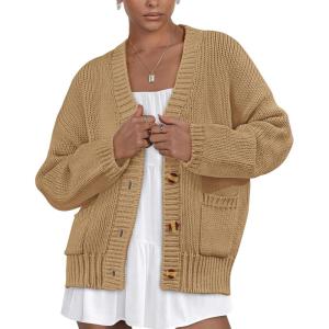 imagePRETTYGARDEN Womens Cardigan Sweaters Long Sleeve Open Front Button Up V Neck Ribbed Knit Fall Sweater JacketsKhaki