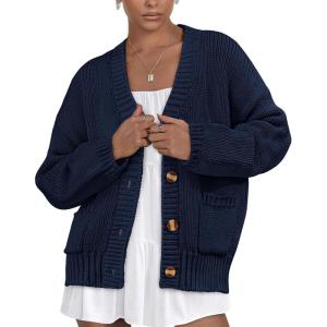 imagePRETTYGARDEN Womens Cardigan Sweaters Long Sleeve Open Front Button Up V Neck Ribbed Knit Fall Sweater JacketsNavy