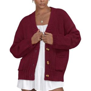 imagePRETTYGARDEN Womens Cardigan Sweaters Long Sleeve Open Front Button Up V Neck Ribbed Knit Fall Sweater JacketsWine Red