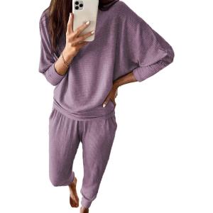imagePRETTYGARDEN Womens Fall Fashion Outfits 2 Piece Sweatsuit Solid Color Long Sleeve Pullover Long Pants Lounge SetDeep Purple