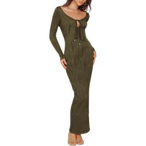 imagePRETTYGARDEN Womens Fall Knit Maxi Bodycon Dress Long Sleeve Cutout Tie Front V Neck Y2K Fitted Cocktail Party DressesArmy Green