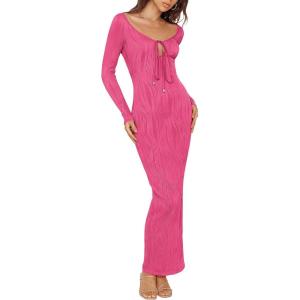 imagePRETTYGARDEN Womens Fall Knit Maxi Bodycon Dress Long Sleeve Cutout Tie Front V Neck Y2K Fitted Cocktail Party DressesRose Red