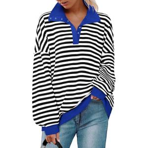 imagePRETTYGARDEN Womens Striped Sweatshirts 2024 Fall Fashion Clothes Casual Long Sleeve Pullover Shirts Preppy TopsStriped Black White