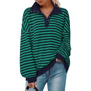 imagePRETTYGARDEN Womens Striped Sweatshirts 2024 Fall Fashion Clothes Casual Long Sleeve Pullover Shirts Preppy TopsStriped Navy Green