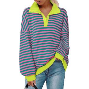 imagePRETTYGARDEN Womens Striped Sweatshirts 2024 Fall Fashion Clothes Casual Long Sleeve Pullover Shirts Preppy TopsStriped Pink Green