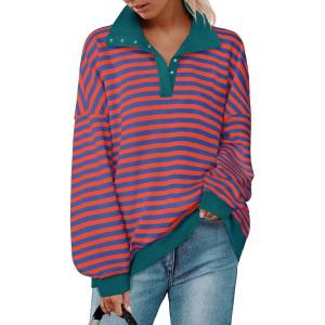 imagePRETTYGARDEN Womens Striped Sweatshirts 2024 Fall Fashion Clothes Casual Long Sleeve Pullover Shirts Preppy TopsStriped Rust Red Blue