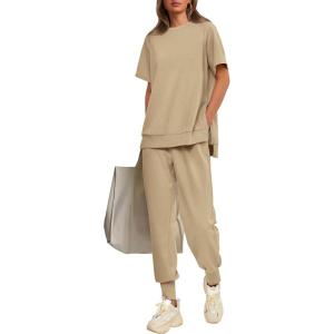 imagePRETTYGARDEN Womens Summer 2 Piece Outfit Tracksuits Casual Short Sleeve Tops High Waisted Sweatpants SetApricot