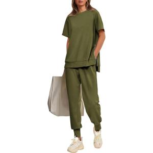 imagePRETTYGARDEN Womens Summer 2 Piece Outfit Tracksuits Casual Short Sleeve Tops High Waisted Sweatpants SetArmy Green