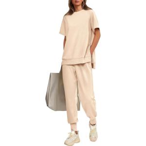 imagePRETTYGARDEN Womens Summer 2 Piece Outfit Tracksuits Casual Short Sleeve Tops High Waisted Sweatpants SetBeige