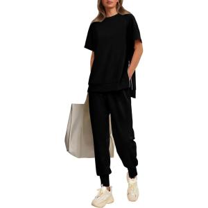 imagePRETTYGARDEN Womens Summer 2 Piece Outfit Tracksuits Casual Short Sleeve Tops High Waisted Sweatpants SetBlack