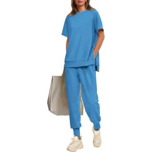 imagePRETTYGARDEN Womens Summer 2 Piece Outfit Tracksuits Casual Short Sleeve Tops High Waisted Sweatpants SetBlue