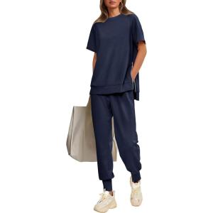 imagePRETTYGARDEN Womens Summer 2 Piece Outfit Tracksuits Casual Short Sleeve Tops High Waisted Sweatpants SetDark Blue
