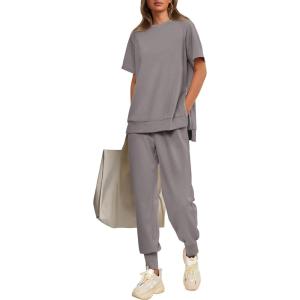 imagePRETTYGARDEN Womens Summer 2 Piece Outfit Tracksuits Casual Short Sleeve Tops High Waisted Sweatpants SetGrey