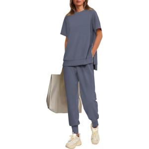 imagePRETTYGARDEN Womens Summer 2 Piece Outfit Tracksuits Casual Short Sleeve Tops High Waisted Sweatpants SetGrey Blue