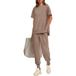 imagePRETTYGARDEN Womens Summer 2 Piece Outfit Tracksuits Casual Short Sleeve Tops High Waisted Sweatpants SetKhaki