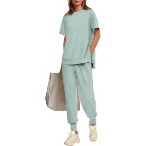 imagePRETTYGARDEN Womens Summer 2 Piece Outfit Tracksuits Casual Short Sleeve Tops High Waisted Sweatpants SetLight Blue