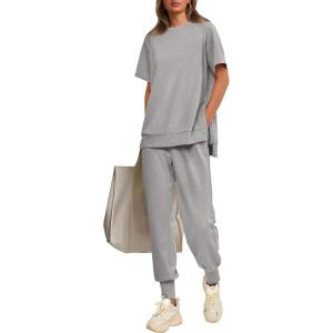 imagePRETTYGARDEN Womens Summer 2 Piece Outfit Tracksuits Casual Short Sleeve Tops High Waisted Sweatpants SetLight Grey