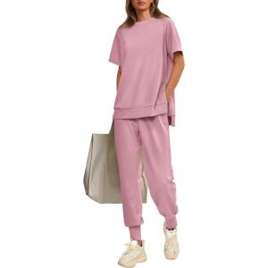 imagePRETTYGARDEN Womens Summer 2 Piece Outfit Tracksuits Casual Short Sleeve Tops High Waisted Sweatpants SetPink