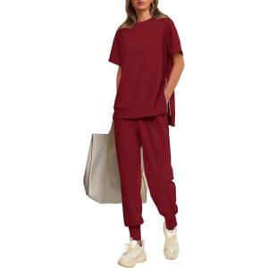 imagePRETTYGARDEN Womens Summer 2 Piece Outfit Tracksuits Casual Short Sleeve Tops High Waisted Sweatpants SetWine Red