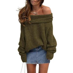 imagePRETTYGARDEN Womens Sweaters Fall Off The Shoulder Pullover 2024 Batwing Sleeve Loose Winter Knitted TopsArmy Green