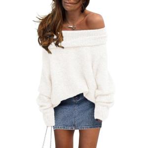 imagePRETTYGARDEN Womens Sweaters Fall Off The Shoulder Pullover 2024 Batwing Sleeve Loose Winter Knitted TopsBeige White