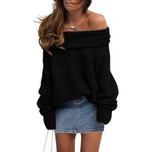 imagePRETTYGARDEN Womens Sweaters Fall Off The Shoulder Pullover 2024 Batwing Sleeve Loose Winter Knitted TopsBlack