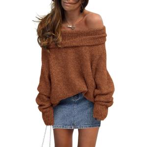 imagePRETTYGARDEN Womens Sweaters Fall Off The Shoulder Pullover 2024 Batwing Sleeve Loose Winter Knitted TopsBrick Red