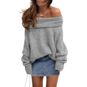 imagePRETTYGARDEN Womens Sweaters Fall Off The Shoulder Pullover 2024 Batwing Sleeve Loose Winter Knitted TopsGrey
