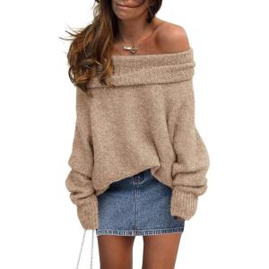 imagePRETTYGARDEN Womens Sweaters Fall Off The Shoulder Pullover 2024 Batwing Sleeve Loose Winter Knitted TopsKhaki