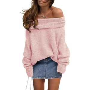 imagePRETTYGARDEN Womens Sweaters Fall Off The Shoulder Pullover 2024 Batwing Sleeve Loose Winter Knitted TopsPink