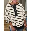 imagePRETTYGARDEN Womens Fall 2024 Striped Oversized Sweatshirt Long Sleeve Button Up Henley Neck Waffle Knit Pullover Tunic TopsStriped Beige Black
