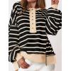imagePRETTYGARDEN Womens Fall 2024 Striped Oversized Sweatshirt Long Sleeve Button Up Henley Neck Waffle Knit Pullover Tunic TopsStriped Black Beige