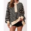 imagePRETTYGARDEN Womens Fall 2024 Striped Oversized Sweatshirt Long Sleeve Button Up Henley Neck Waffle Knit Pullover Tunic TopsStriped Black Beige