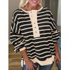 imagePRETTYGARDEN Womens Fall 2024 Striped Oversized Sweatshirt Long Sleeve Button Up Henley Neck Waffle Knit Pullover Tunic TopsStriped Black Beige