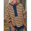 imagePRETTYGARDEN Womens Fall 2024 Striped Oversized Sweatshirt Long Sleeve Button Up Henley Neck Waffle Knit Pullover Tunic TopsStriped Khaki Dark Blue