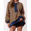 imagePRETTYGARDEN Womens Fall 2024 Striped Oversized Sweatshirt Long Sleeve Button Up Henley Neck Waffle Knit Pullover Tunic TopsStriped Khaki Dark Blue